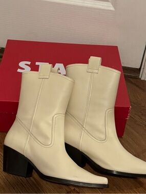 Cream Leather Mid-Calf Block Heel Boots